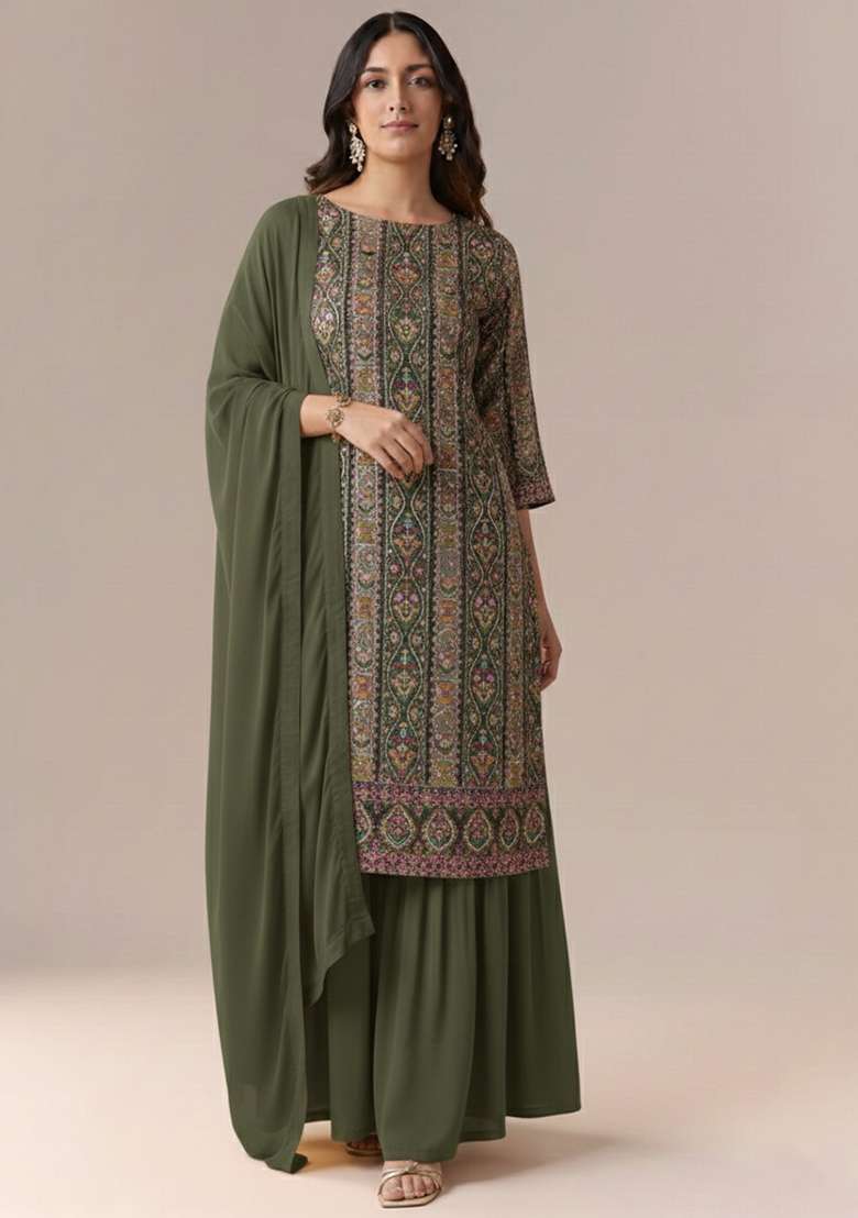 Olive Green Embroidered Crepe Sharara Set - Indya