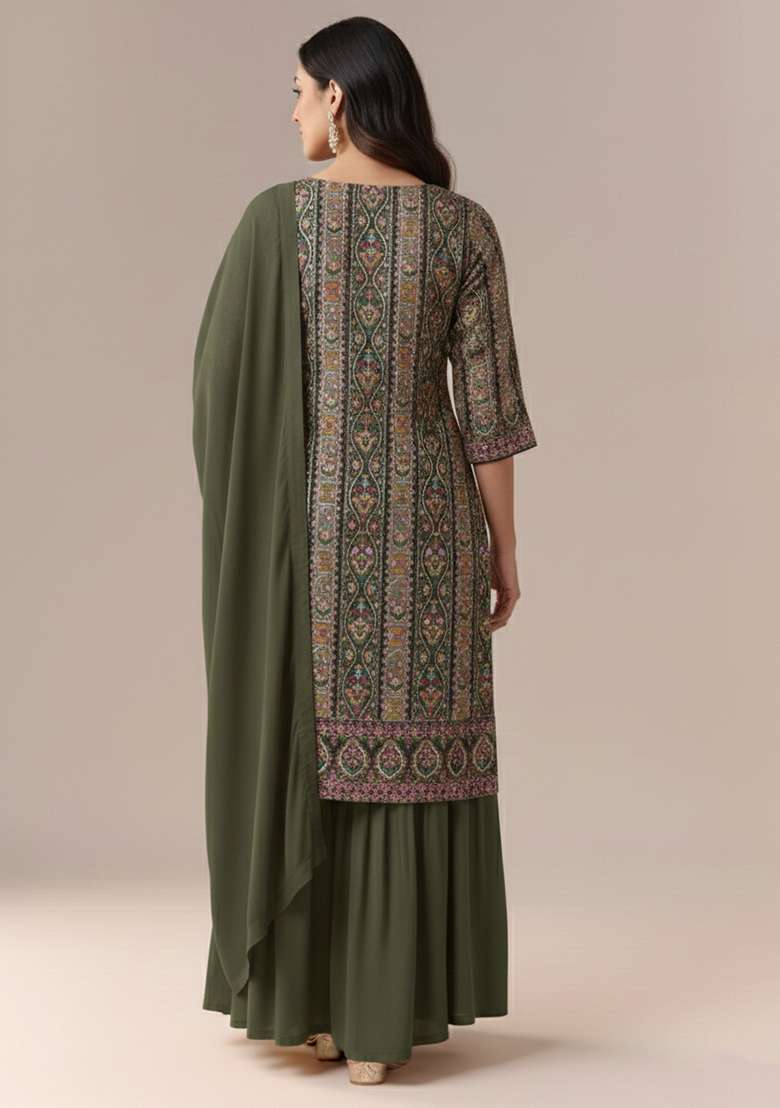 Olive Green Embroidered Crepe Sharara Set - Indya