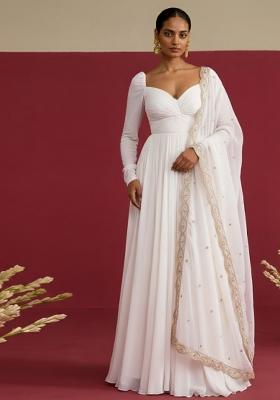 Ivory Embroidered Chinon Anarkali With Dupatta