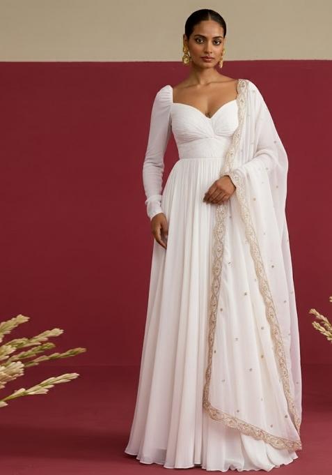 Ivory Embroidered Chinon Anarkali With Dupatta