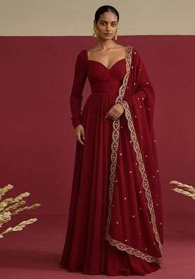 Deep Red Embroidered Chinon Anarkali With Dupatta
