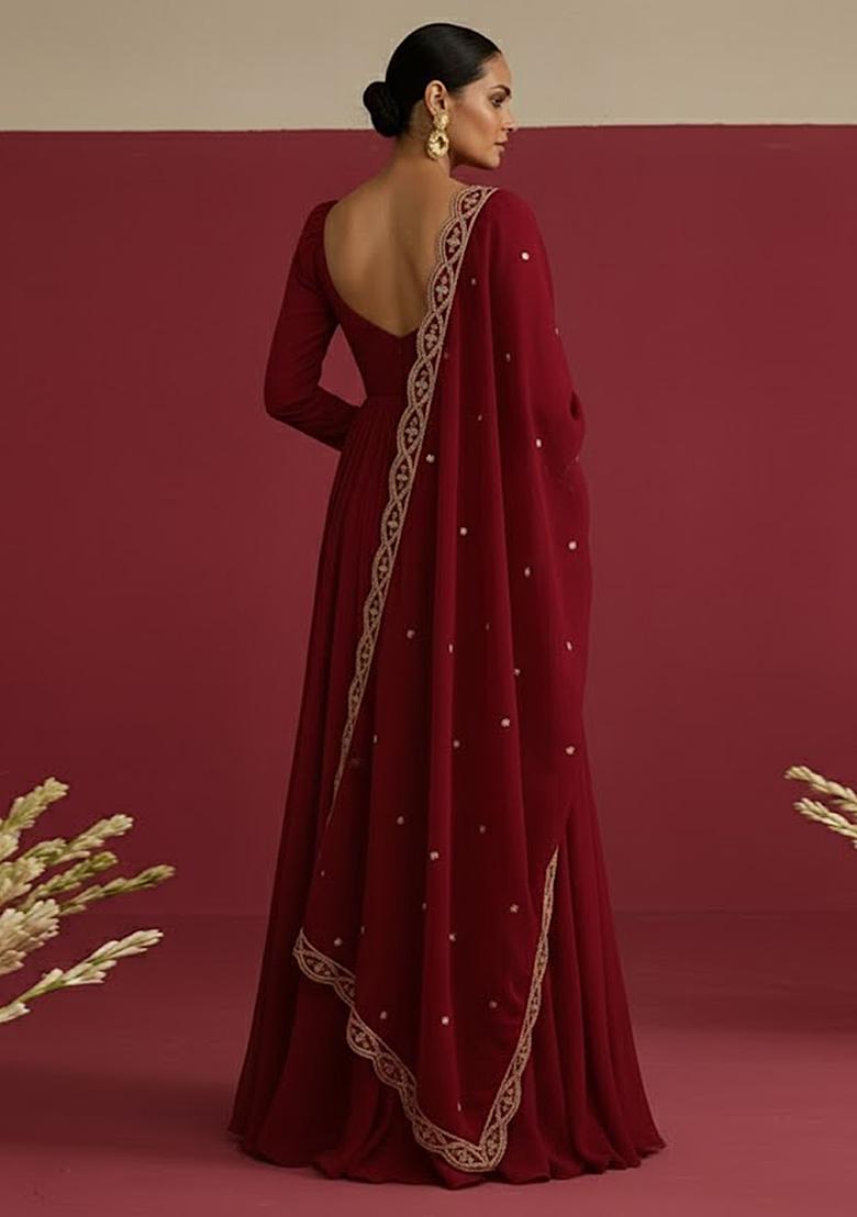 Deep Red Embroidered Chinon Anarkali With Dupatta - Indya