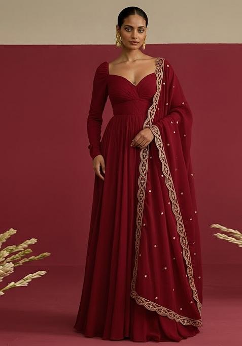 Deep Red Embroidered Chinon Anarkali With Dupatta