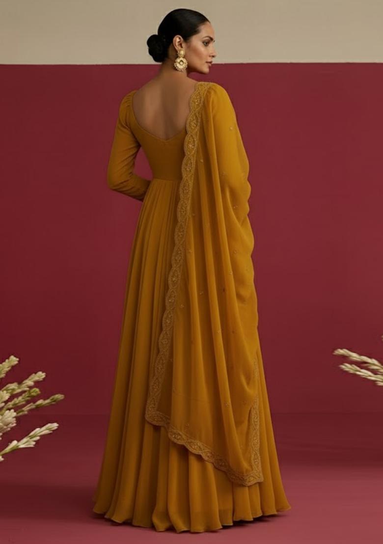 Mustard Embroidered Chinon Anarkali With Dupatta - Indya