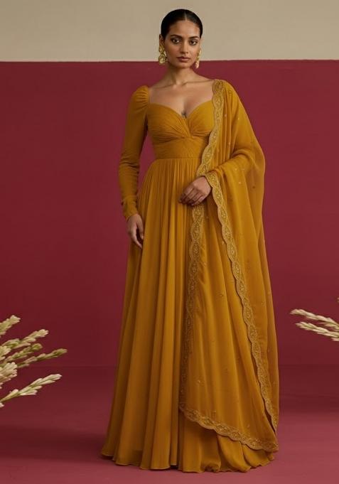 Mustard Embroidered Chinon Anarkali With Dupatta