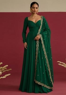 Dark Green Embroidered Chinon Anarkali With Dupatta