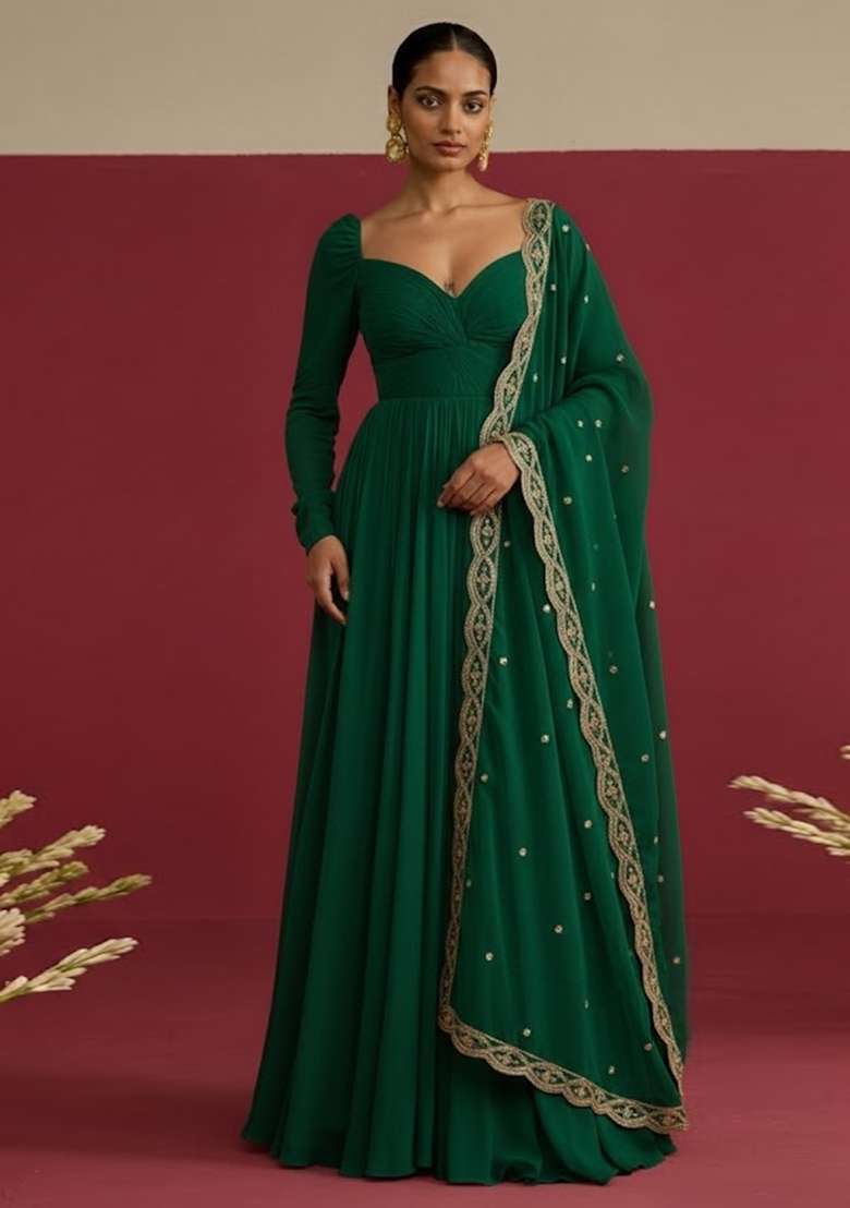 Dark Green Embroidered Chinon Anarkali With Dupatta - Indya
