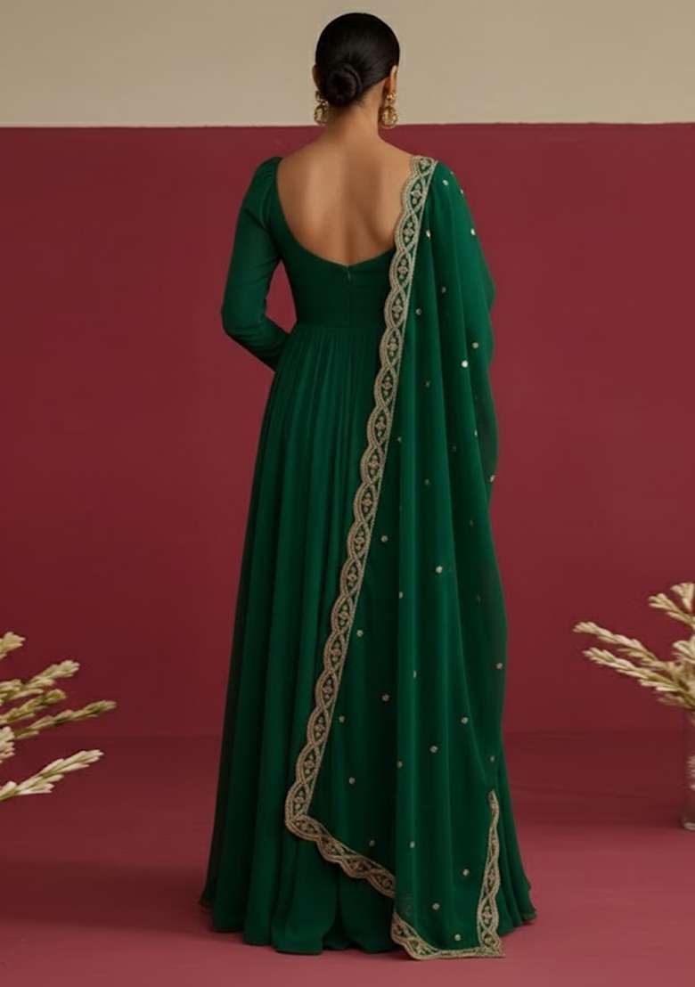 Dark Green Embroidered Chinon Anarkali With Dupatta - Indya