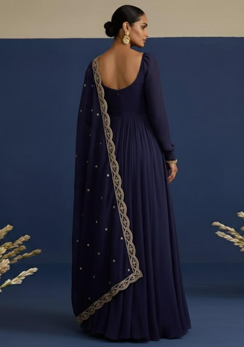 Navy Blue Embroidered Chinon Anarkali With Dupatta - Indya