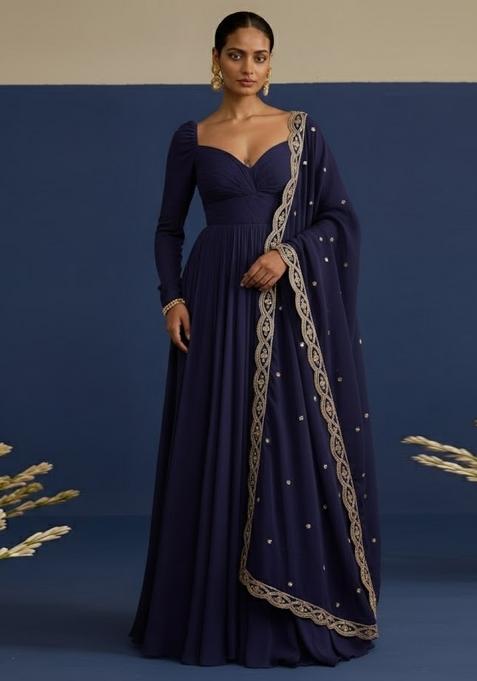 Navy Blue Embroidered Chinon Anarkali With Dupatta