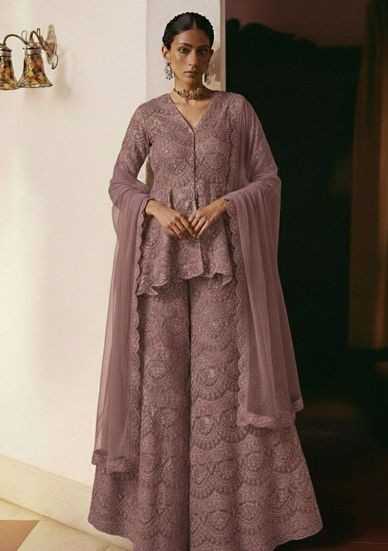 Dusty Mauve Embroidered Net Sharara Set - Indya