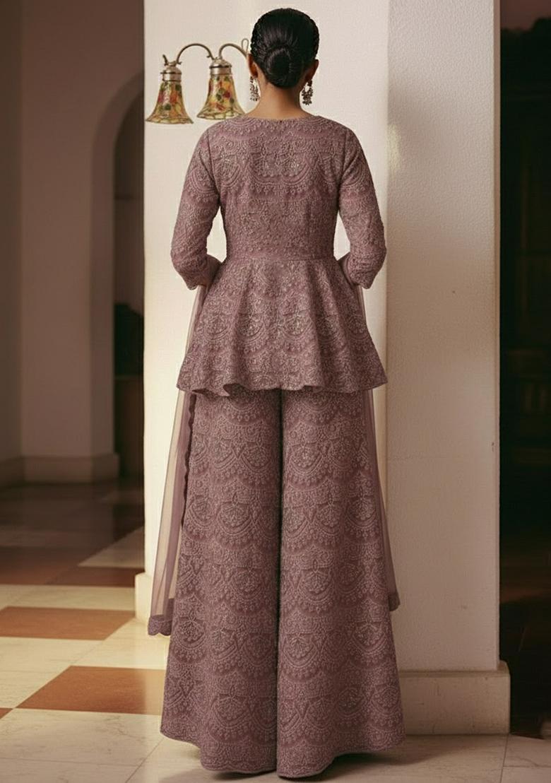 Dusty Mauve Embroidered Net Sharara Set - Indya