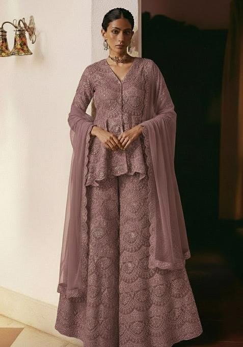 Dusty Mauve Embroidered Net Sharara Set
