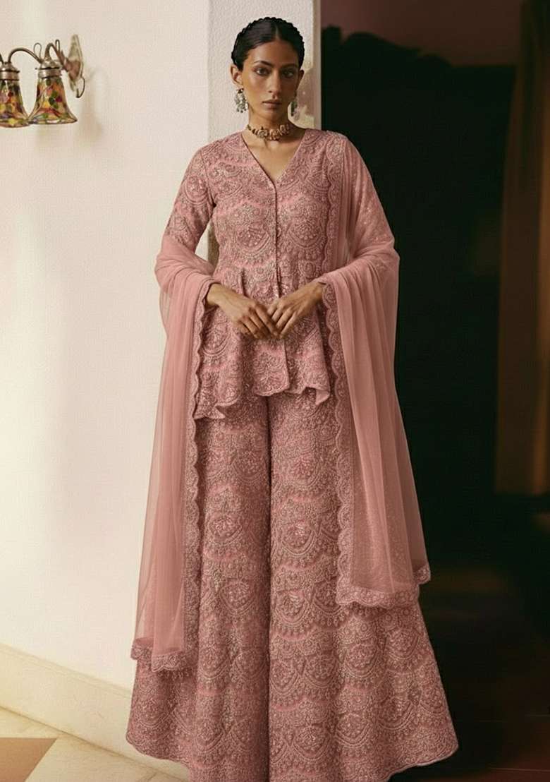 Blush Pink Embroidered Net Sharara Set - Indya