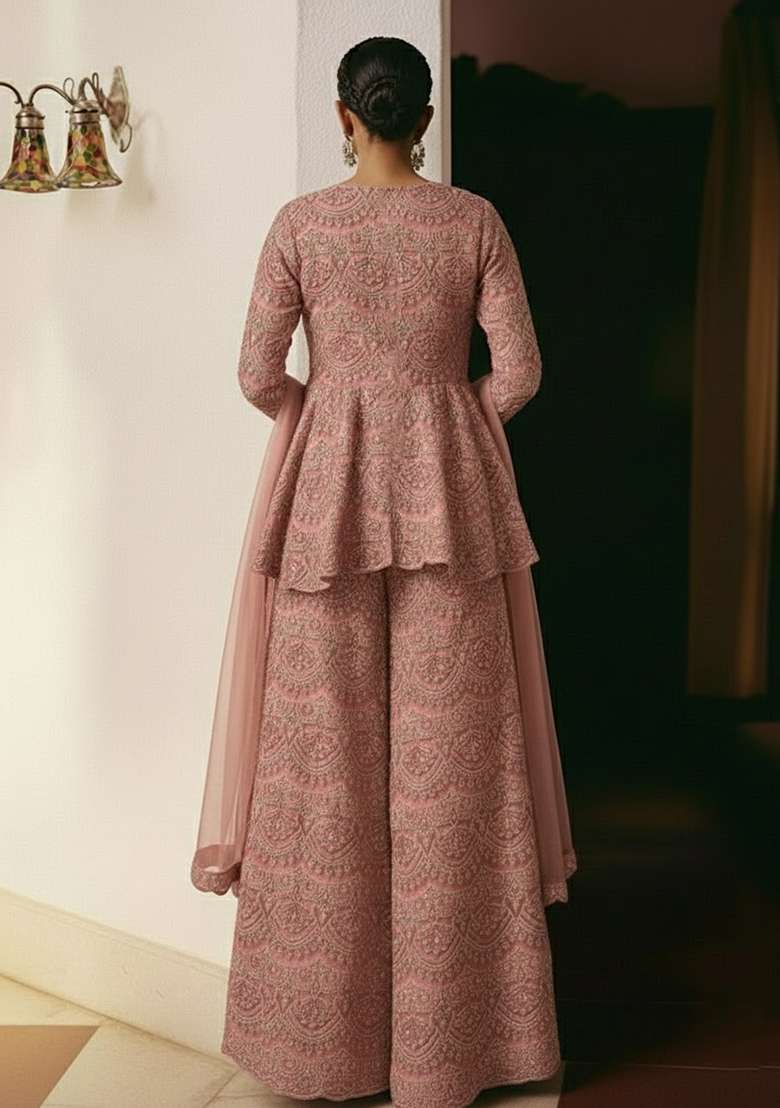 Blush Pink Embroidered Net Sharara Set - Indya