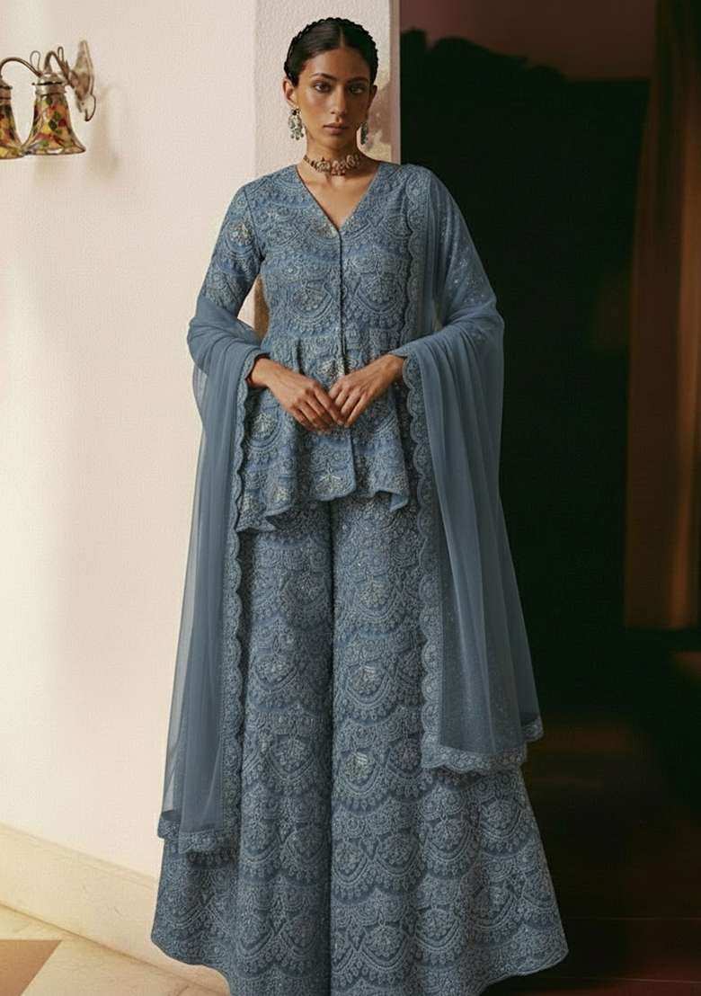 Dusty Blue Embroidered Net Sharara Set - Indya