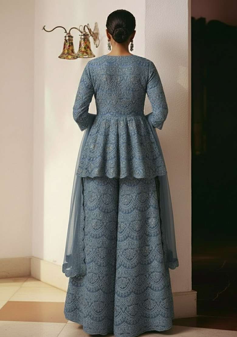 Dusty Blue Embroidered Net Sharara Set - Indya
