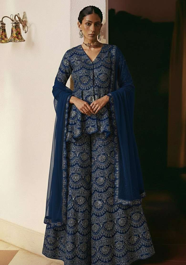 Navy Blue Embroidered Net Sharara Set - Indya
