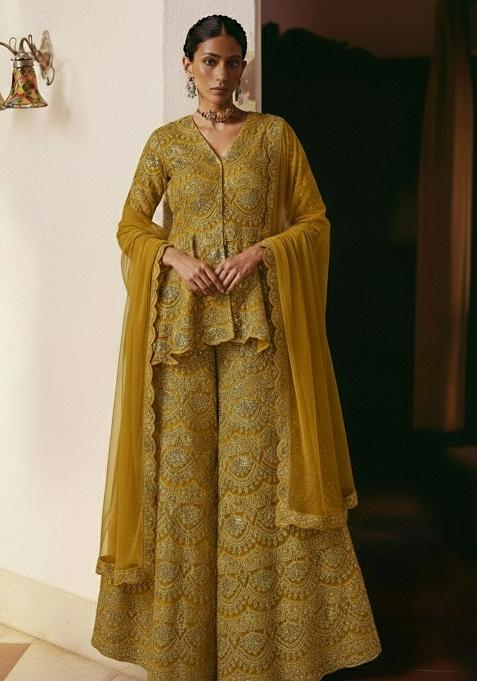 Mustard Embroidered Net Sharara Set