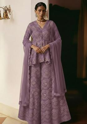 Lavender Embroidered Net Sharara Set