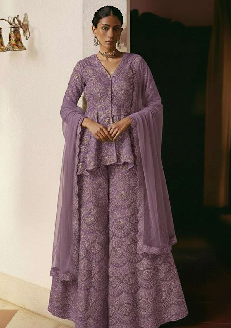 Lavender Embroidered Net Sharara Set - Indya