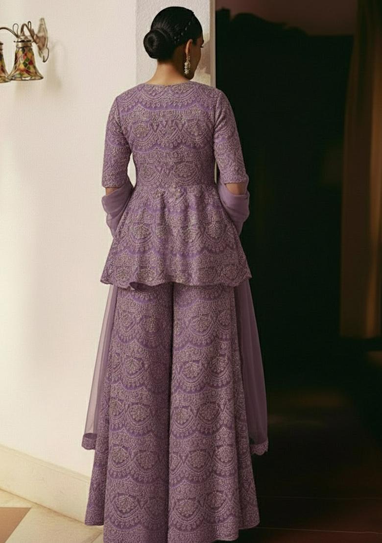 Lavender Embroidered Net Sharara Set - Indya