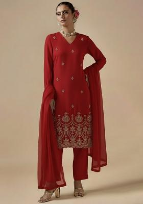 Red Embroidered Shimmer Kurta Set
