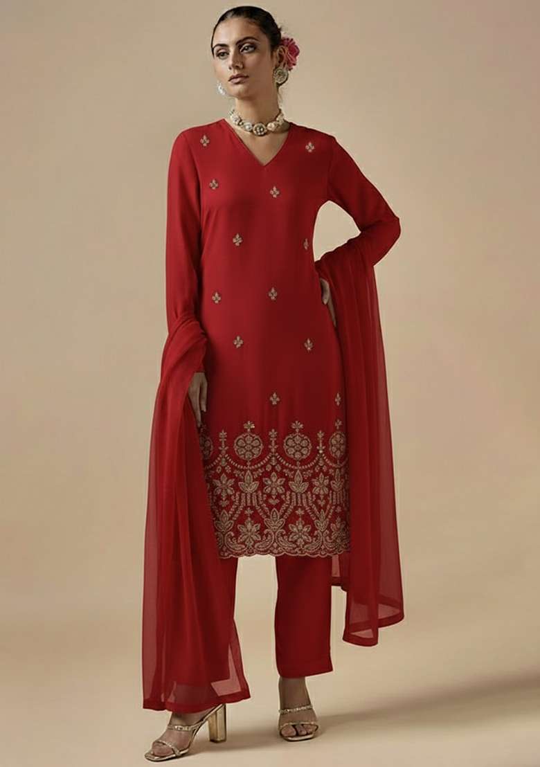 Red Embroidered Silk Blended Pakistani Suit Set - Indya