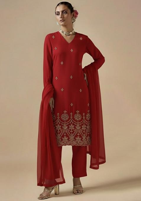 Red Embroidered Silk Blended Pakistani Suit Set