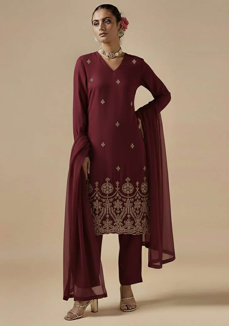 Wine Embroidered Silk Blended Pakistani Suit Set - Indya