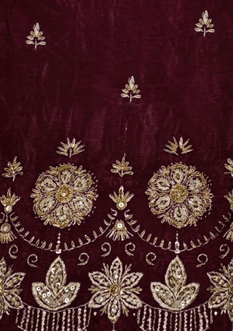 Wine Embroidered Silk Blended Pakistani Suit Set - Indya
