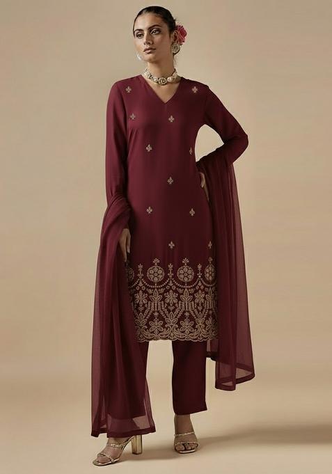 Wine Embroidered Silk Blended Pakistani Suit Set