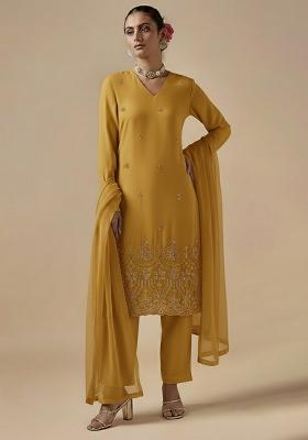 Mustard Embroidered Shimmer Kurta Set