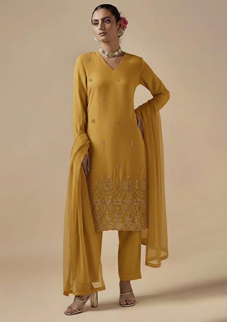 Mustard Embroidered Silk Blended Straight Kurta Set - Indya