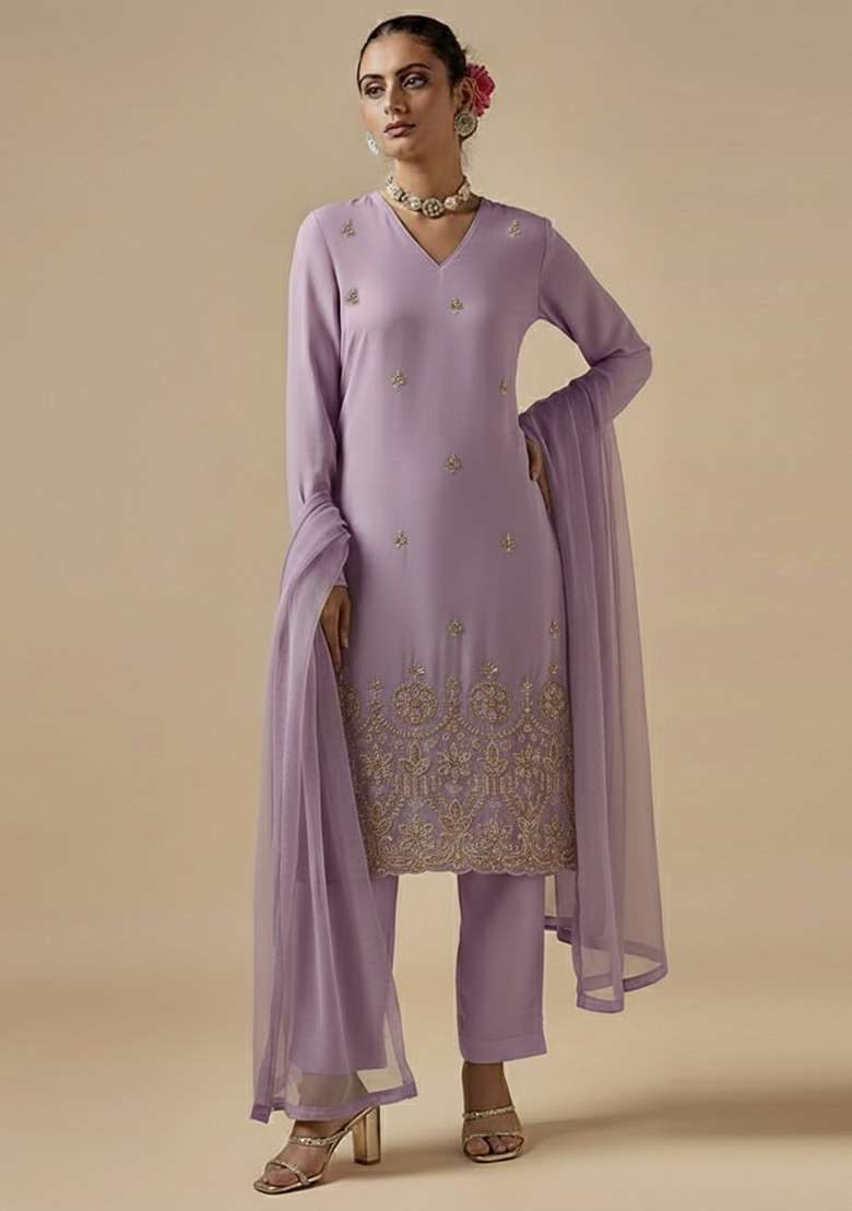 Lavender Embroidered Silk Blended Straight Kurta Set - Indya