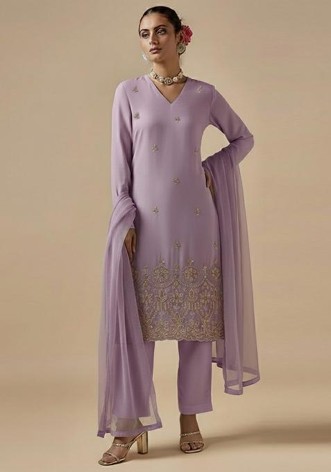 Lavender Embroidered Silk Blended Straight Kurta Set