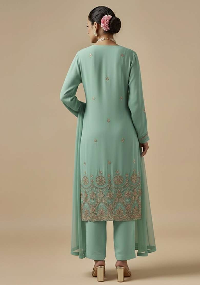Mint Green Embroidered Silk Blended Pakistani Suit Set - Indya