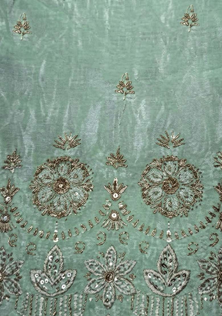 Mint Green Embroidered Silk Blended Pakistani Suit Set - Indya