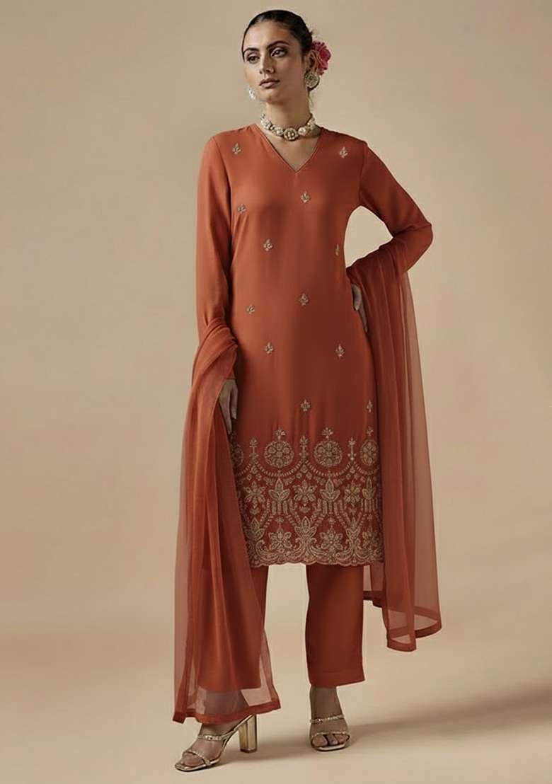 Rust Embroidered Silk Blended Pakistani Suit Set - Indya