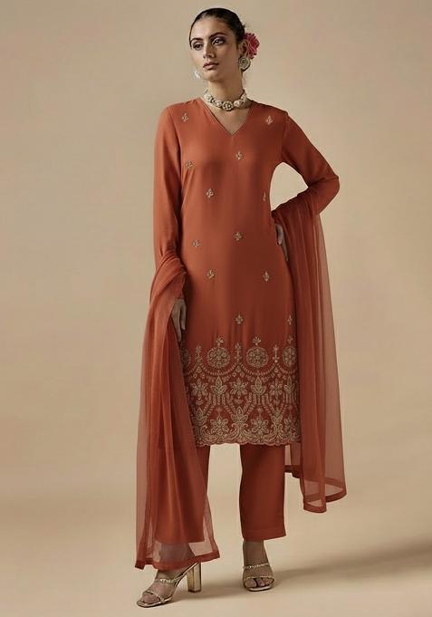 Rust Embroidered Silk Blended Pakistani Suit Set