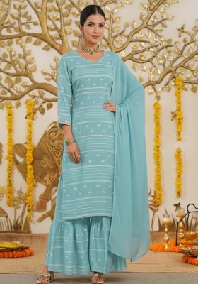 Ice Blue Embroidered Chanderi Sharara Set