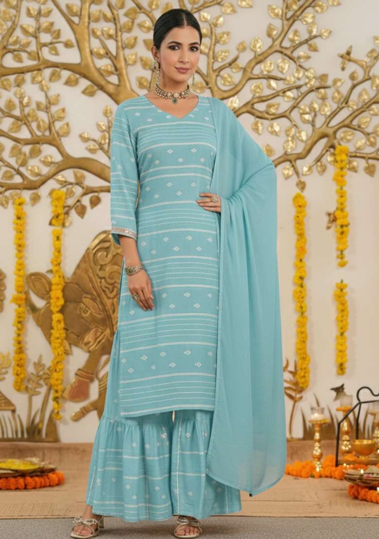 Ice Blue Embroidered Chanderi Sharara Set - Indya