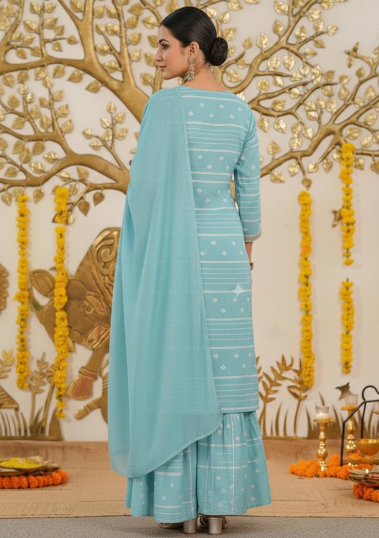 Ice Blue Embroidered Chanderi Sharara Set - Indya