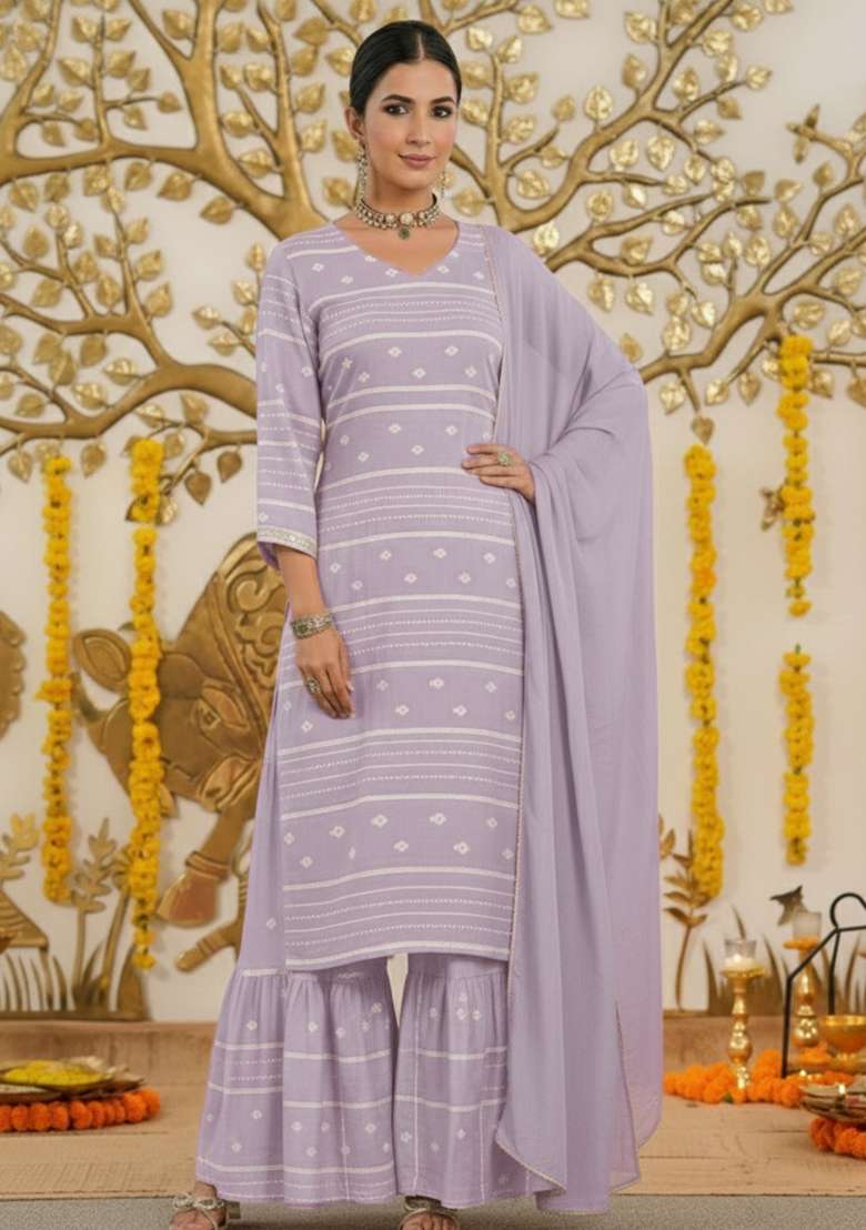 Lavender Embroidered Chanderi Sharara Set - Indya