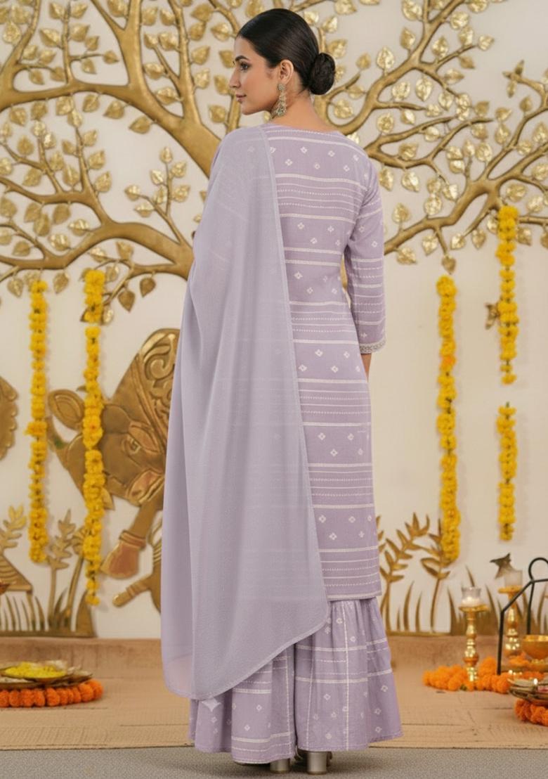 Lavender Embroidered Chanderi Sharara Set - Indya