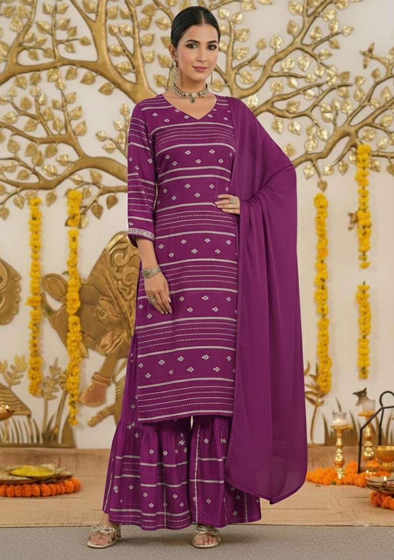 Purple Embroidered Chanderi Sharara Set - Indya