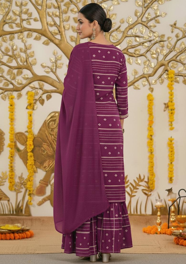 Purple Embroidered Chanderi Sharara Set - Indya