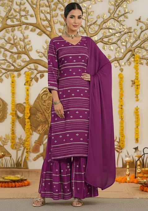 Purple Embroidered Chanderi Sharara Set