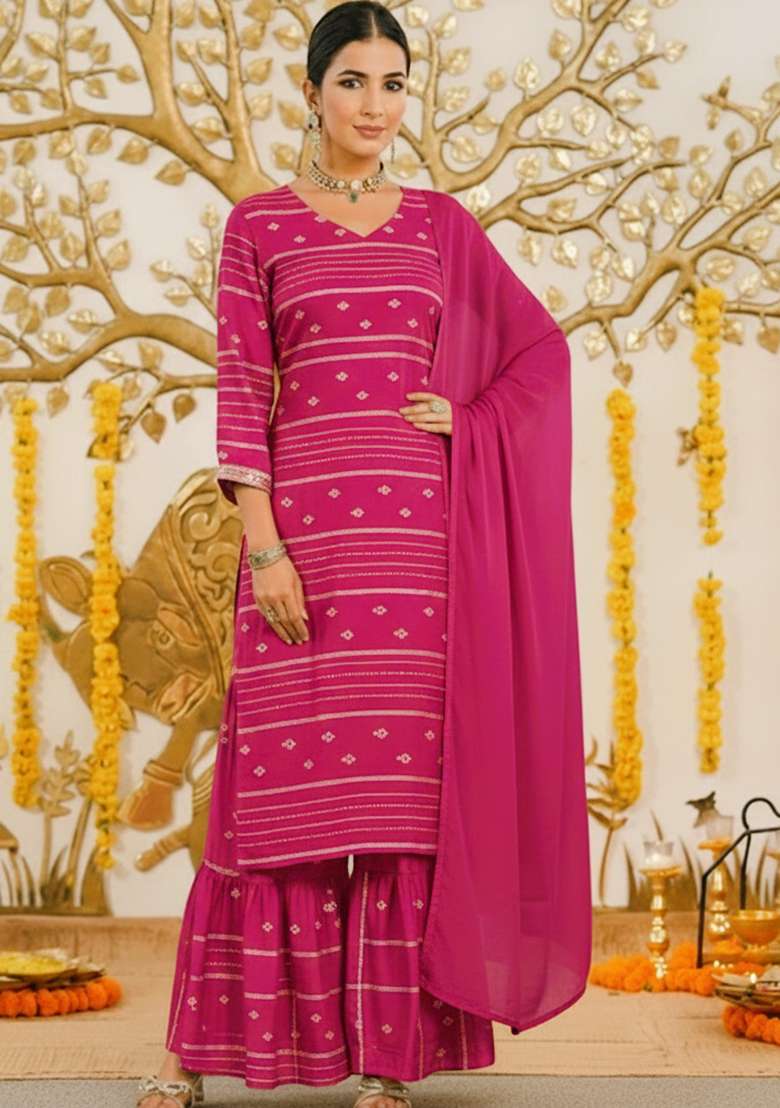 Pink Embroidered Chanderi Sharara Set - Indya