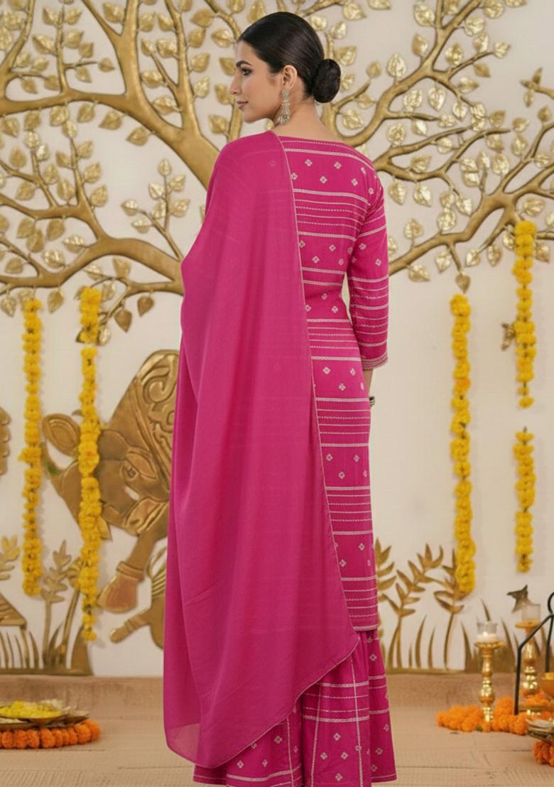 Pink Embroidered Chanderi Sharara Set - Indya